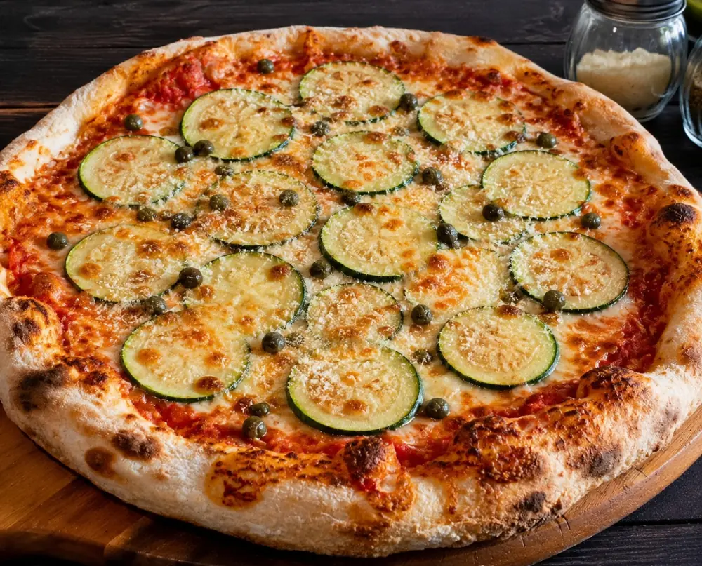 Pizza artesanal con zapallo italiano y alcaparras