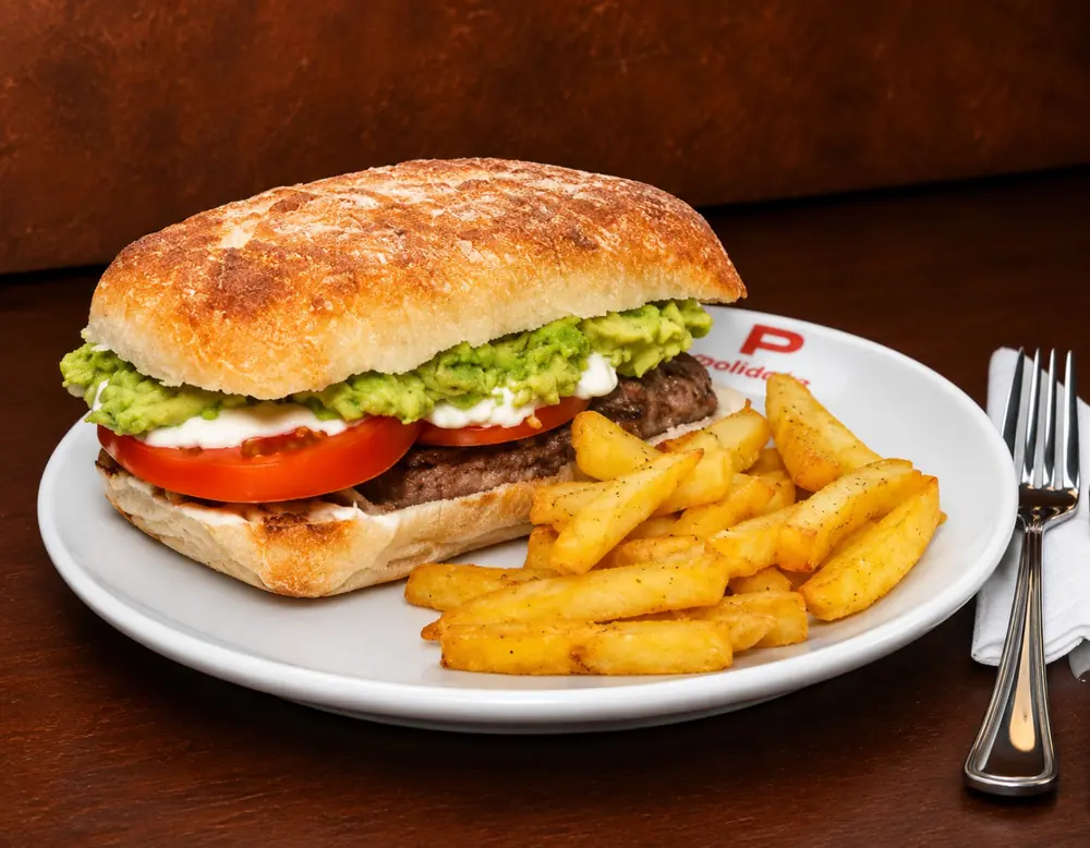 Hamburguesa en pan crujiente con palta y tomate acompañada de papas fritas